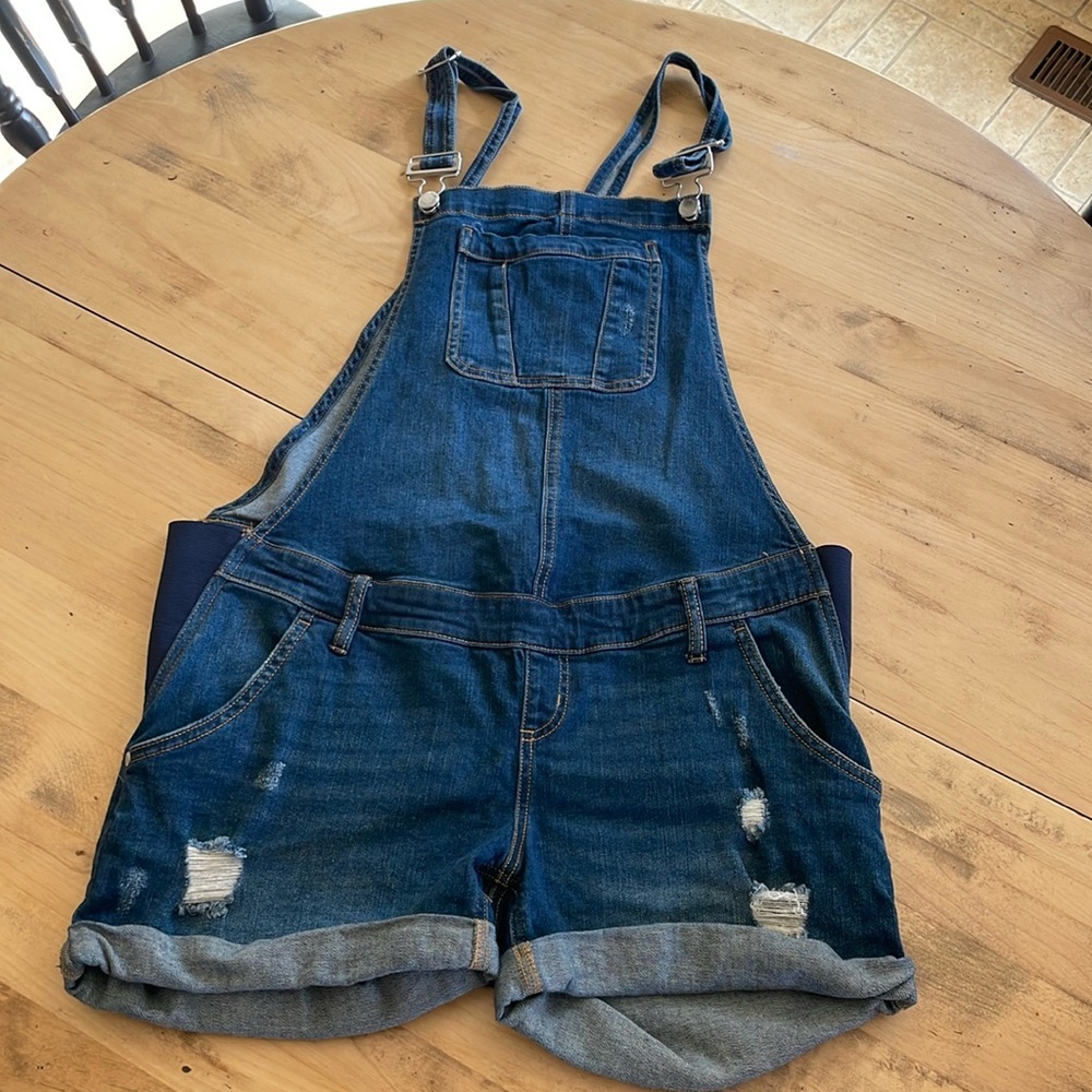 Indigo Blue Maternity Overall Denim Shorts - Comfort Flex Waistband - Medium